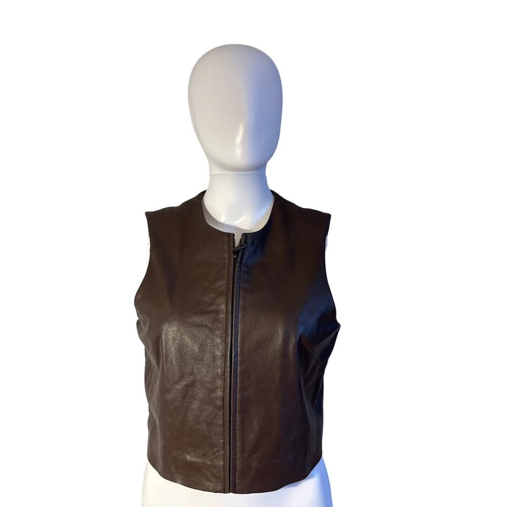 Stonebridge Womens Petite Brown 100% Genuine Leather Full Zip Layering Vest